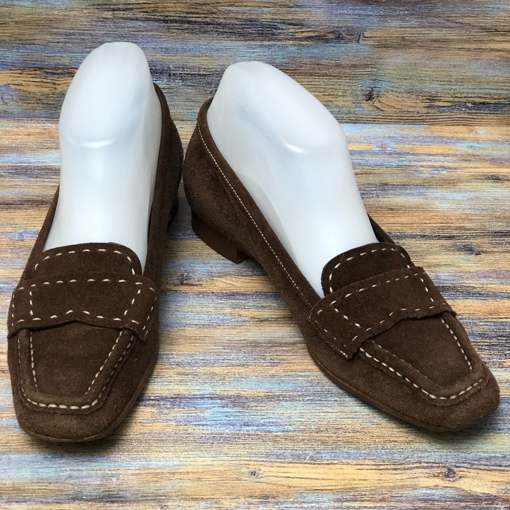 Prada Loafers Slip OnFlats Shoes Suede Brown Leather Women's Size 35
